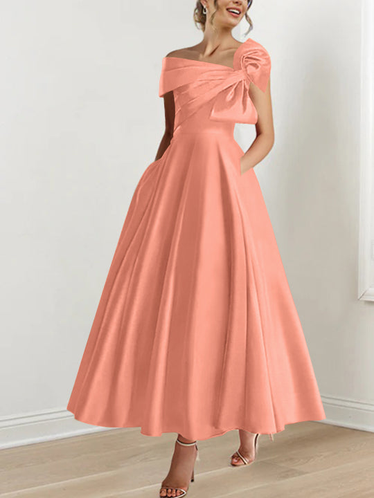 Off the Shoulder Sleeveless A Line Ankle Length Mother of the Bride Dress with Bow(s)