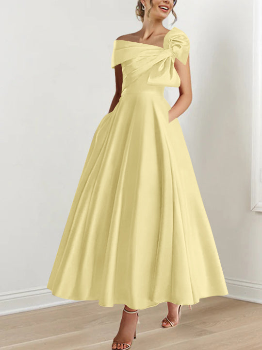 Off the Shoulder Sleeveless A Line Ankle Length Mother of the Bride Dress with Bow(s)