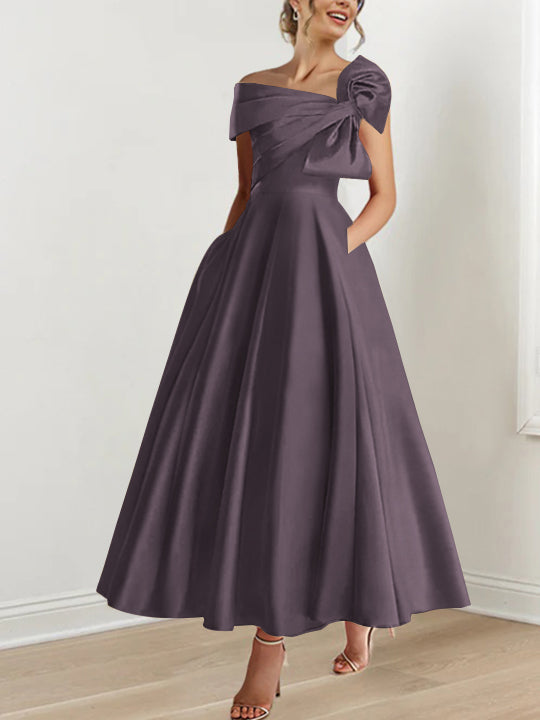 Off the Shoulder Sleeveless A Line Ankle Length Mother of the Bride Dress with Bow(s)