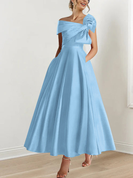 Off the Shoulder Sleeveless A Line Ankle Length Mother of the Bride Dress with Bow(s)