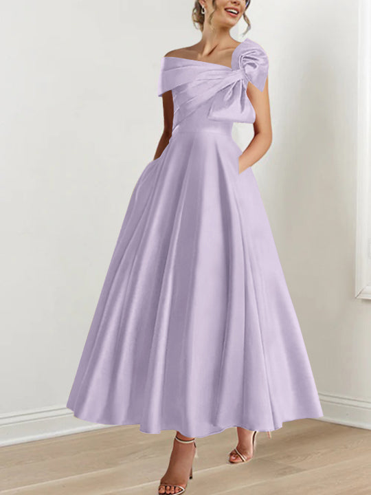 Off the Shoulder Sleeveless A Line Ankle Length Mother of the Bride Dress with Bow(s)