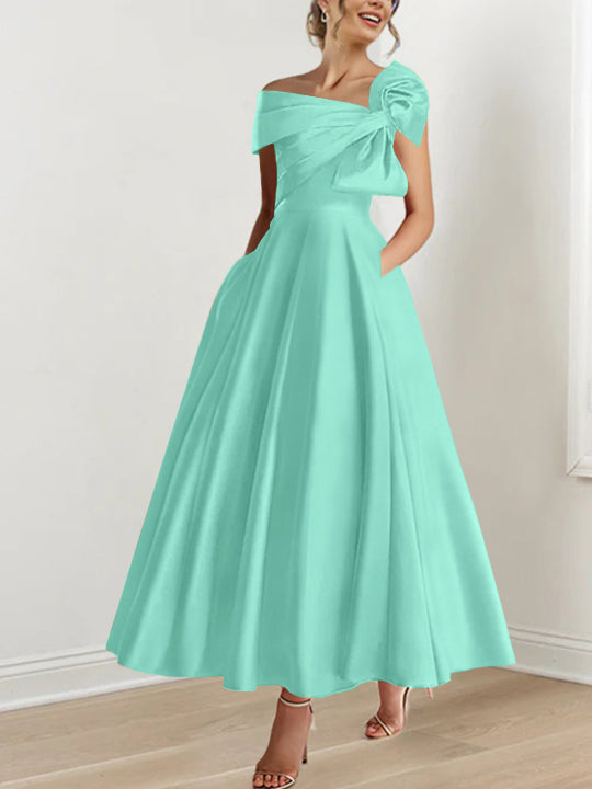 Off the Shoulder Sleeveless A Line Ankle Length Mother of the Bride Dress with Bow(s)