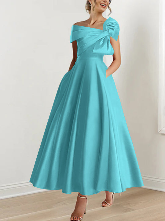 Off the Shoulder Sleeveless A Line Ankle Length Mother of the Bride Dress with Bow(s)
