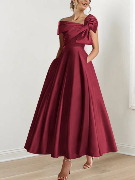 Off the Shoulder Sleeveless A Line Ankle Length Mother of the Bride Dress with Bow(s)
