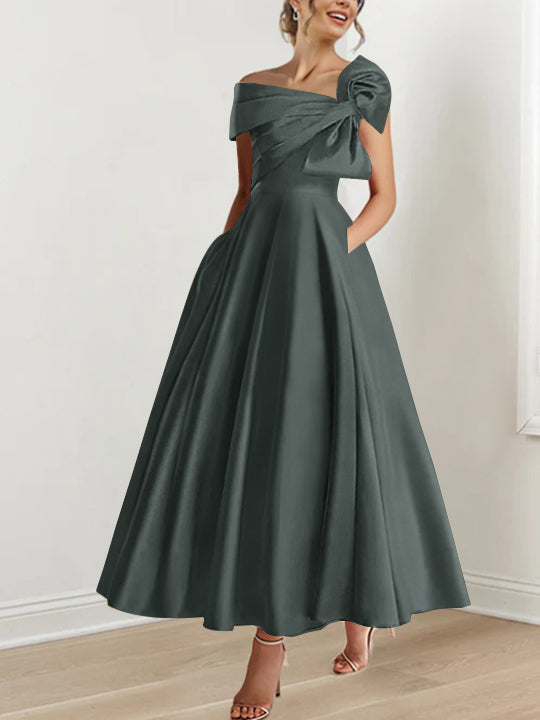 Off the Shoulder Sleeveless A Line Ankle Length Mother of the Bride Dress with Bow(s)