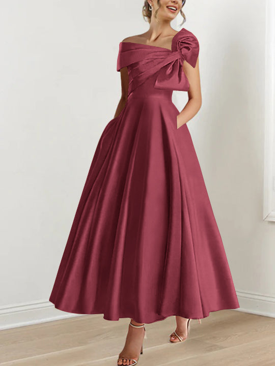 Off the Shoulder Sleeveless A Line Ankle Length Mother of the Bride Dress with Bow(s)