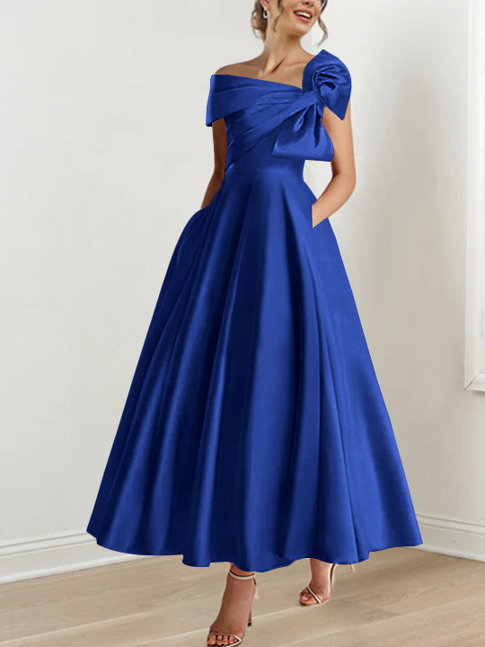 Off the Shoulder Sleeveless A Line Ankle Length Mother of the Bride Dress with Bow(s)