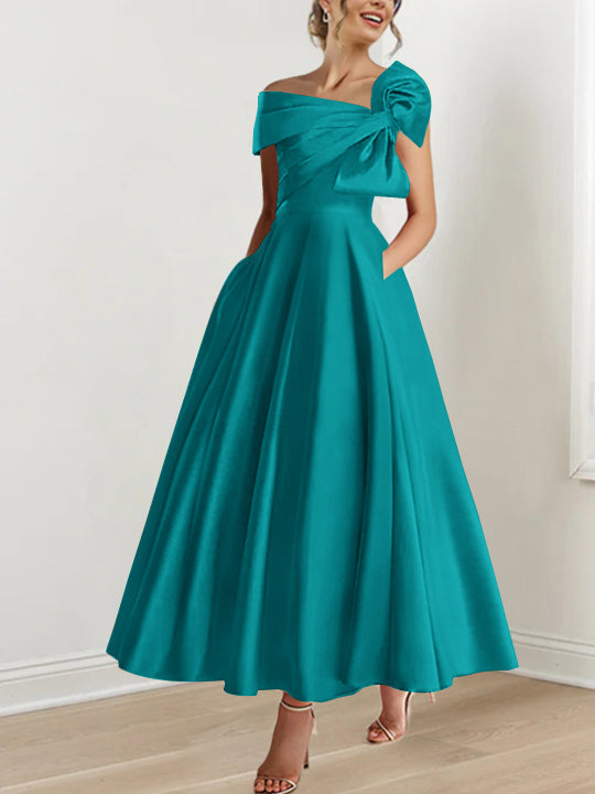 Off the Shoulder Sleeveless A Line Ankle Length Mother of the Bride Dress with Bow(s)