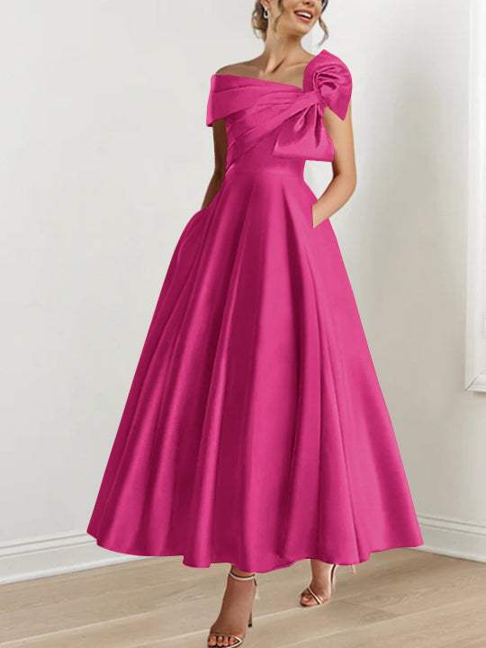 Off the Shoulder Sleeveless A Line Ankle Length Mother of the Bride Dress with Bow(s)