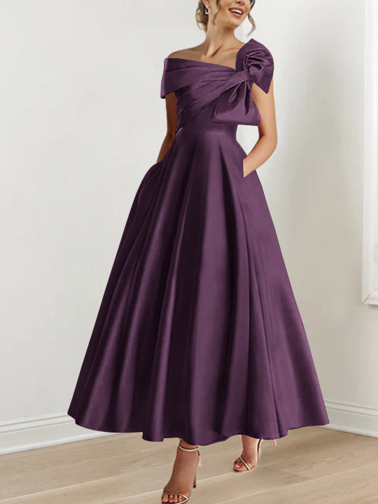 Off the Shoulder Sleeveless A Line Ankle Length Mother of the Bride Dress with Bow(s)