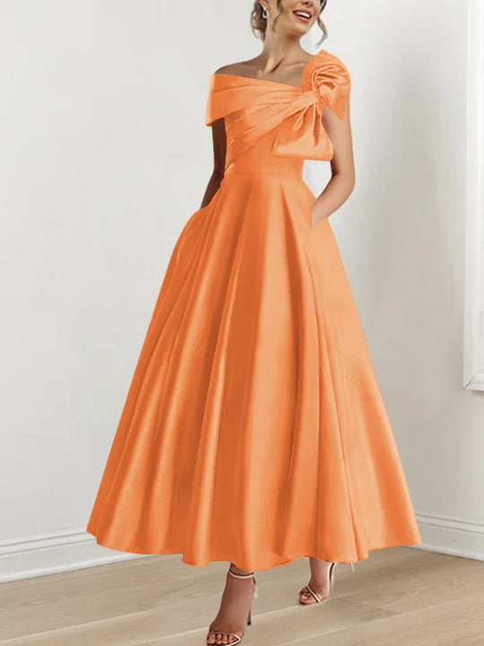 Off the Shoulder Sleeveless A Line Ankle Length Mother of the Bride Dress with Bow(s)