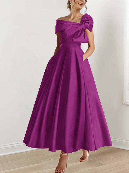 Off the Shoulder Sleeveless A Line Ankle Length Mother of the Bride Dress with Bow(s)