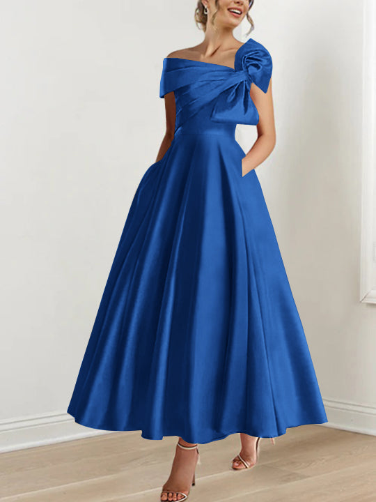 Off the Shoulder Sleeveless A Line Ankle Length Mother of the Bride Dress with Bow(s)