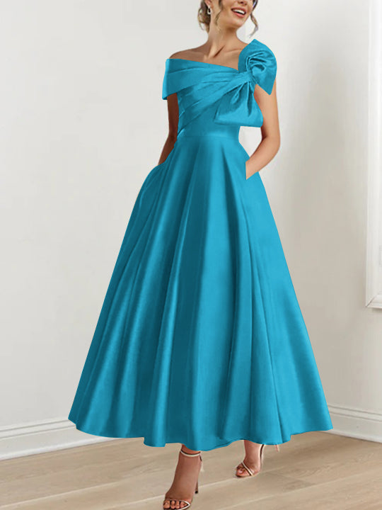Off the Shoulder Sleeveless A Line Ankle Length Mother of the Bride Dress with Bow(s)