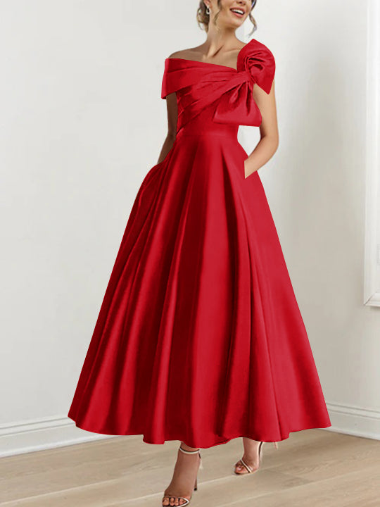 Off the Shoulder Sleeveless A Line Ankle Length Mother of the Bride Dress with Bow(s)
