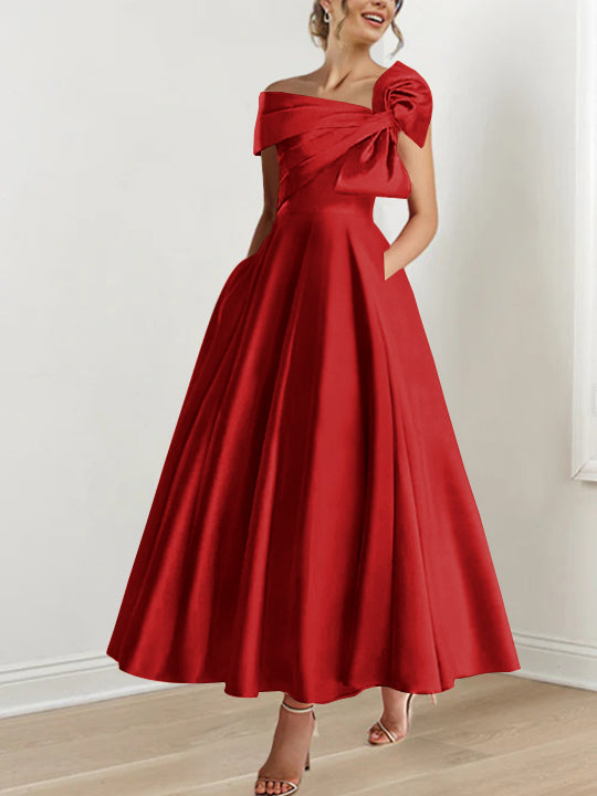 Off the Shoulder Sleeveless A Line Ankle Length Mother of the Bride Dress with Bow(s)