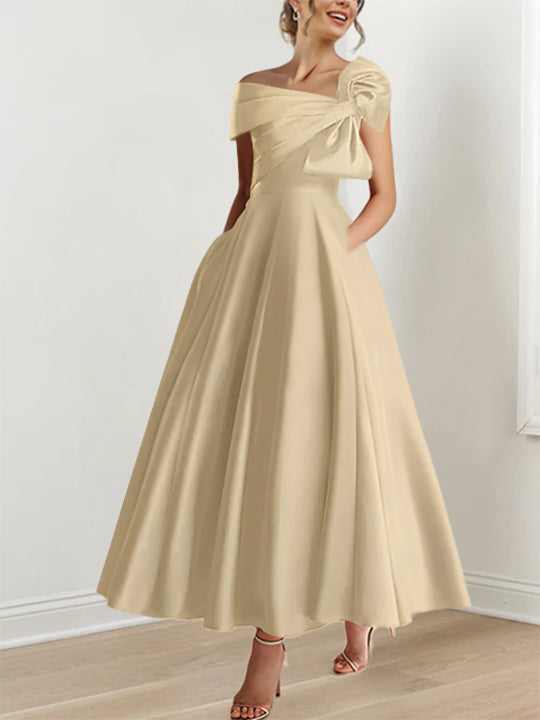 Off the Shoulder Sleeveless A Line Ankle Length Mother of the Bride Dress with Bow(s)