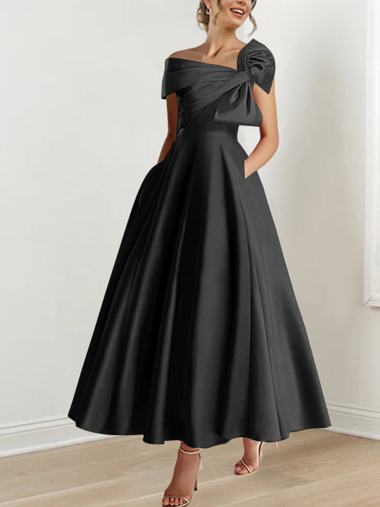 Off the Shoulder Sleeveless A Line Ankle Length Mother of the Bride Dress with Bow(s)