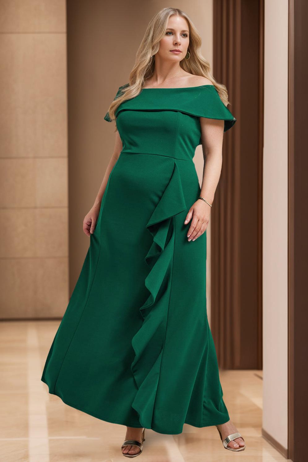Off the Shoulder Sleeveless Long Plus Size Ruffled Sheath Column Mother of the Bride Dress