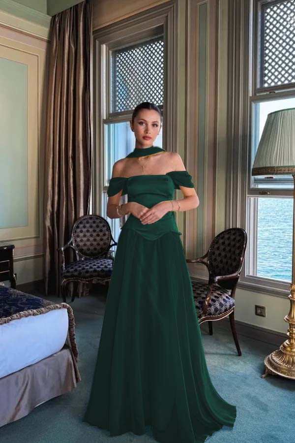 Off the Shoulder Sleeveless Long Evening Formal Dress With Pleated