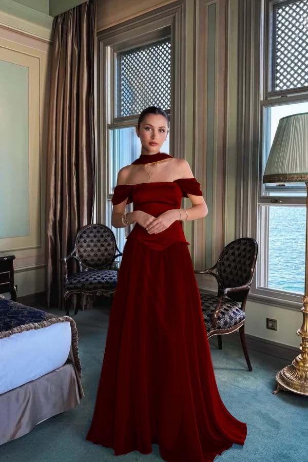 Off the Shoulder Sleeveless Long Evening Formal Dress With Pleated