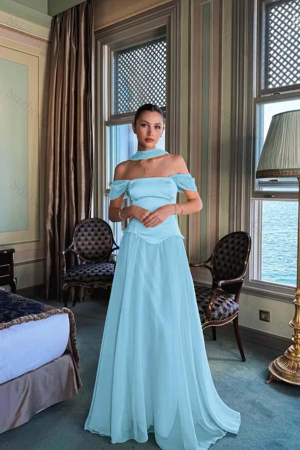 Off the Shoulder Sleeveless Long Evening Formal Dress With Pleated