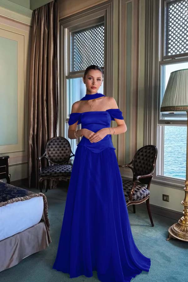 Off the Shoulder Sleeveless Long Evening Formal Dress With Pleated