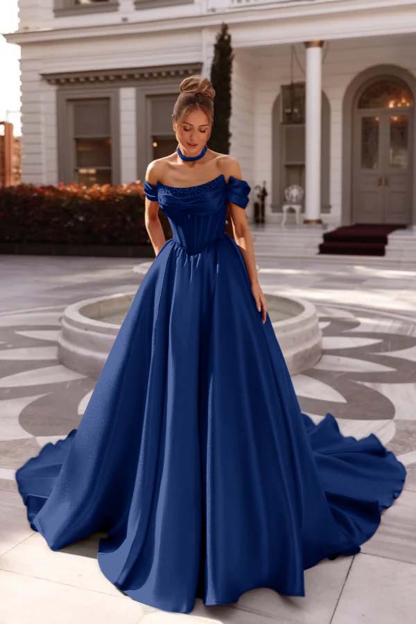 Off the Shoulder Sleeveless Long Evening Formal Dress With Pleated Beading