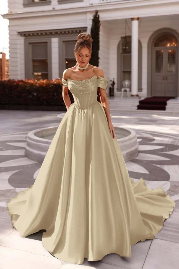 Off the Shoulder Sleeveless Long Evening Formal Dress With Pleated Beading