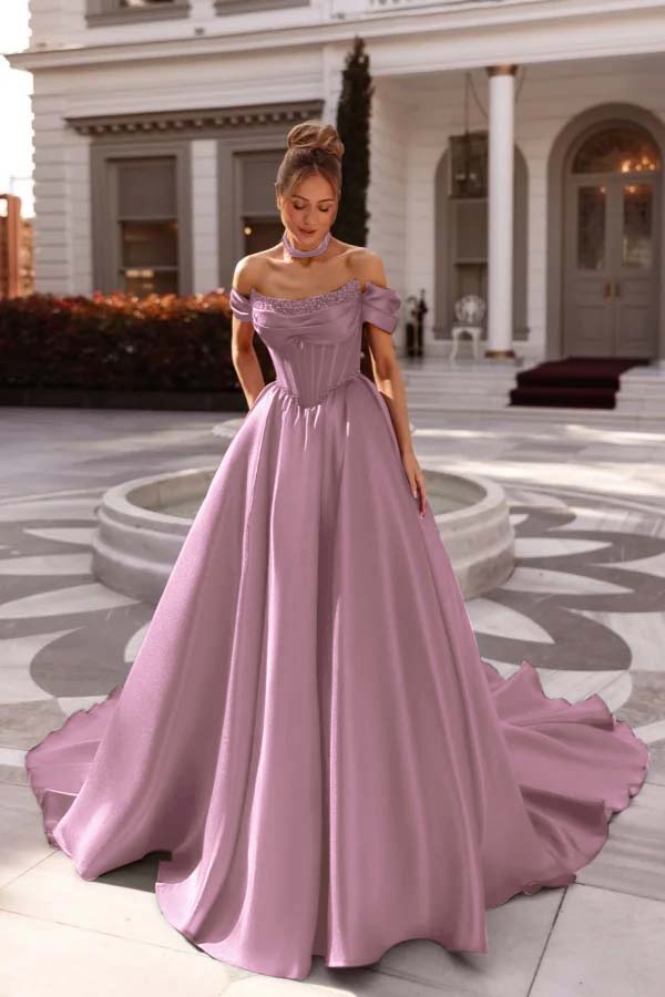 Off the Shoulder Sleeveless Long Evening Formal Dress With Pleated Beading