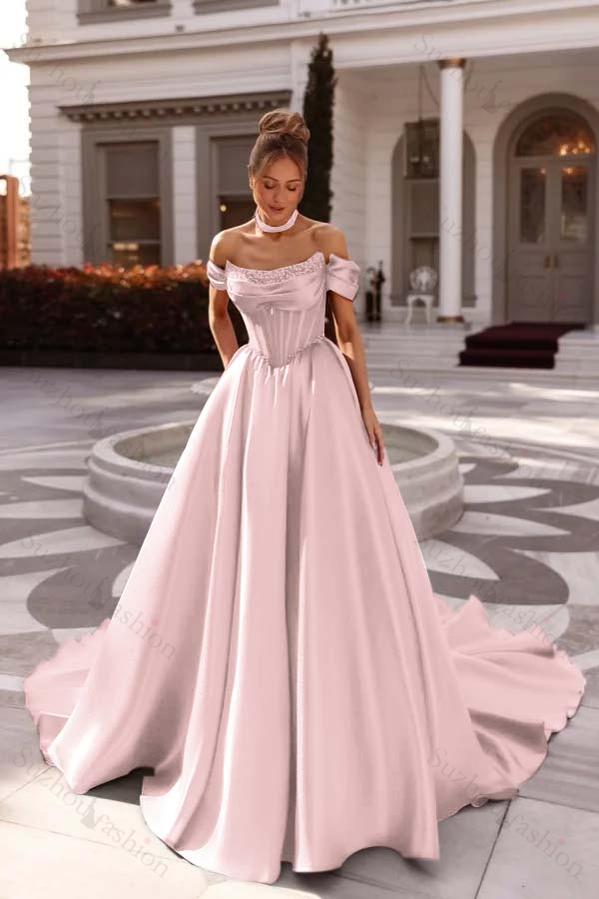 Off the Shoulder Sleeveless Long Evening Formal Dress With Pleated Beading