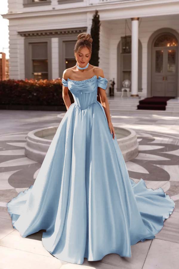 Off the Shoulder Sleeveless Long Evening Formal Dress With Pleated Beading