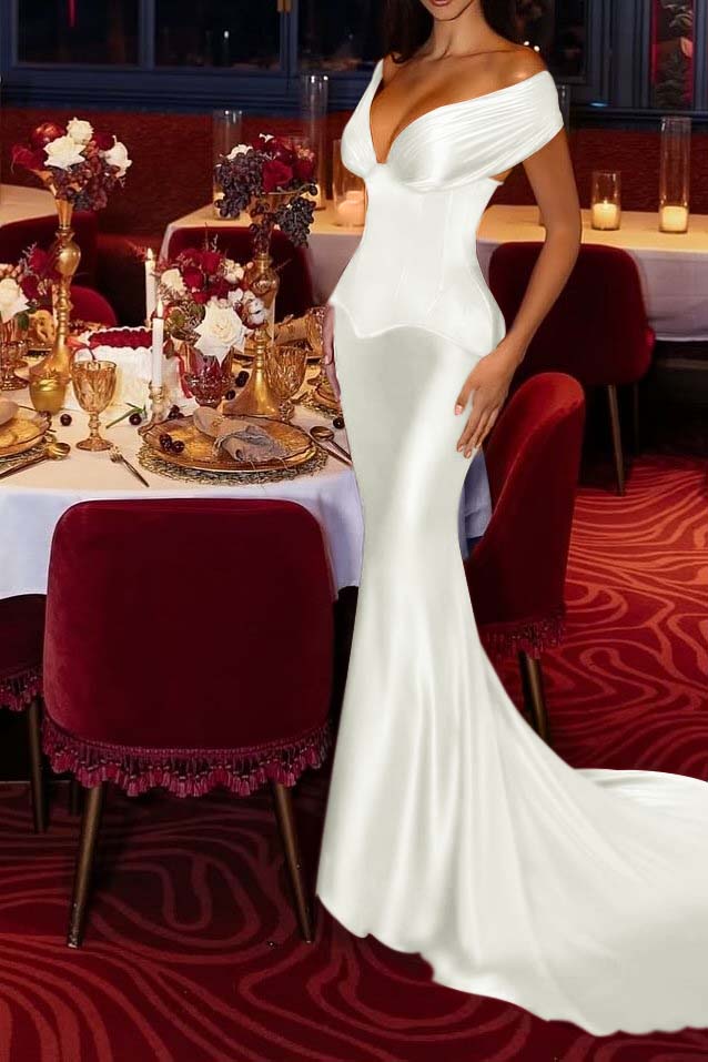 Off the Shoulder Sleeveless Long Mermaid Evening Formal Dress With Pleated