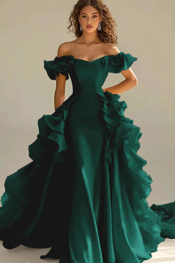 Off the Shoulder Sleeveless Long Mermaid Evening Formal Dress With Ruffled