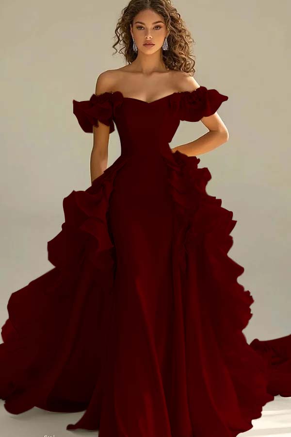 Off the Shoulder Sleeveless Long Mermaid Evening Formal Dress With Ruffled