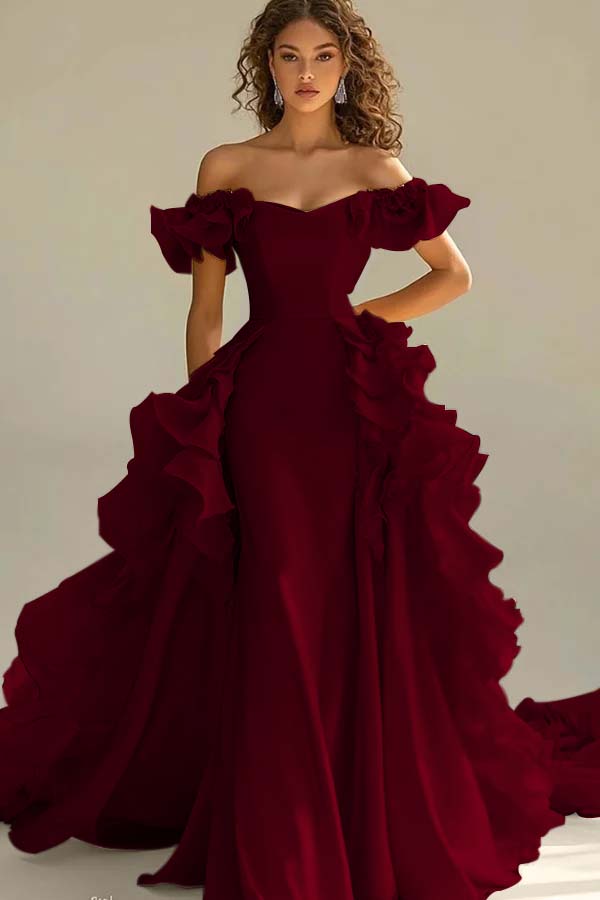 Off the Shoulder Sleeveless Long Mermaid Evening Formal Dress With Ruffled