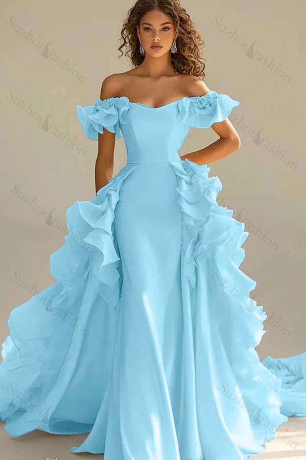 Off the Shoulder Sleeveless Long Mermaid Evening Formal Dress With Ruffled