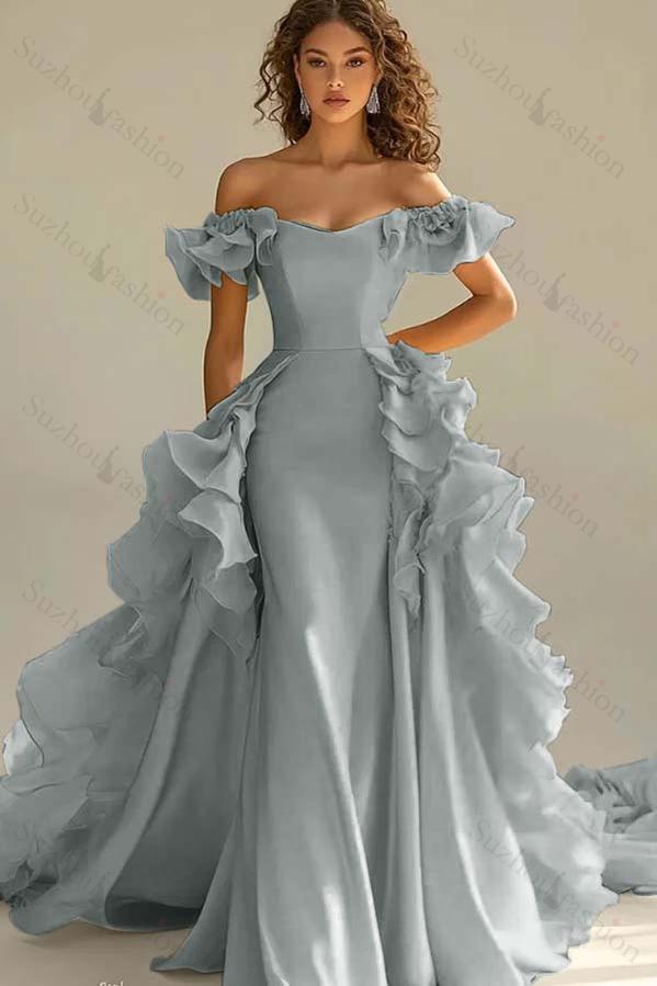 Off the Shoulder Sleeveless Long Mermaid Evening Formal Dress With Ruffled