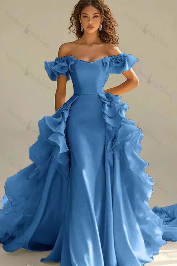 Off the Shoulder Sleeveless Long Mermaid Evening Formal Dress With Ruffled