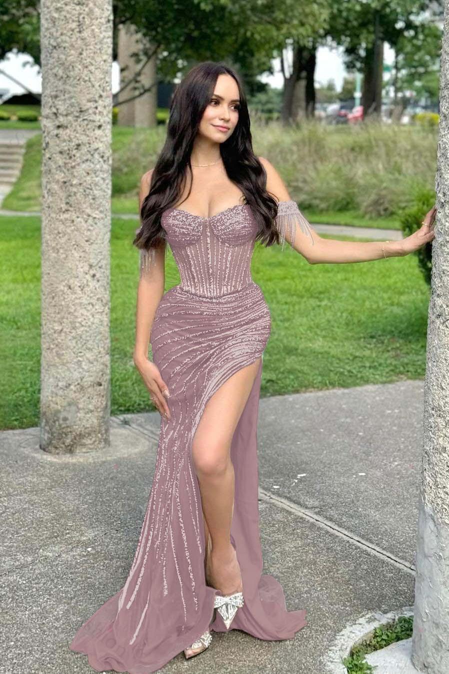 Off the Shoulder Sleeveless Long Mermaid Evening Formal Dress With Split Beading