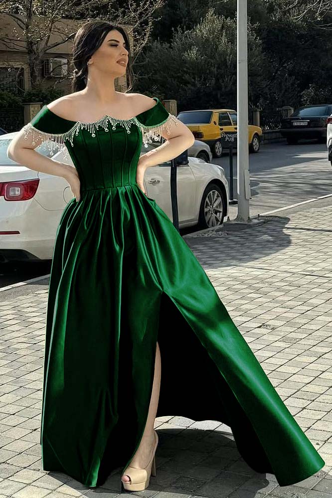 Off the Shoulder Sleeveless Long Split Evening Formal Dress With Pleated Beading