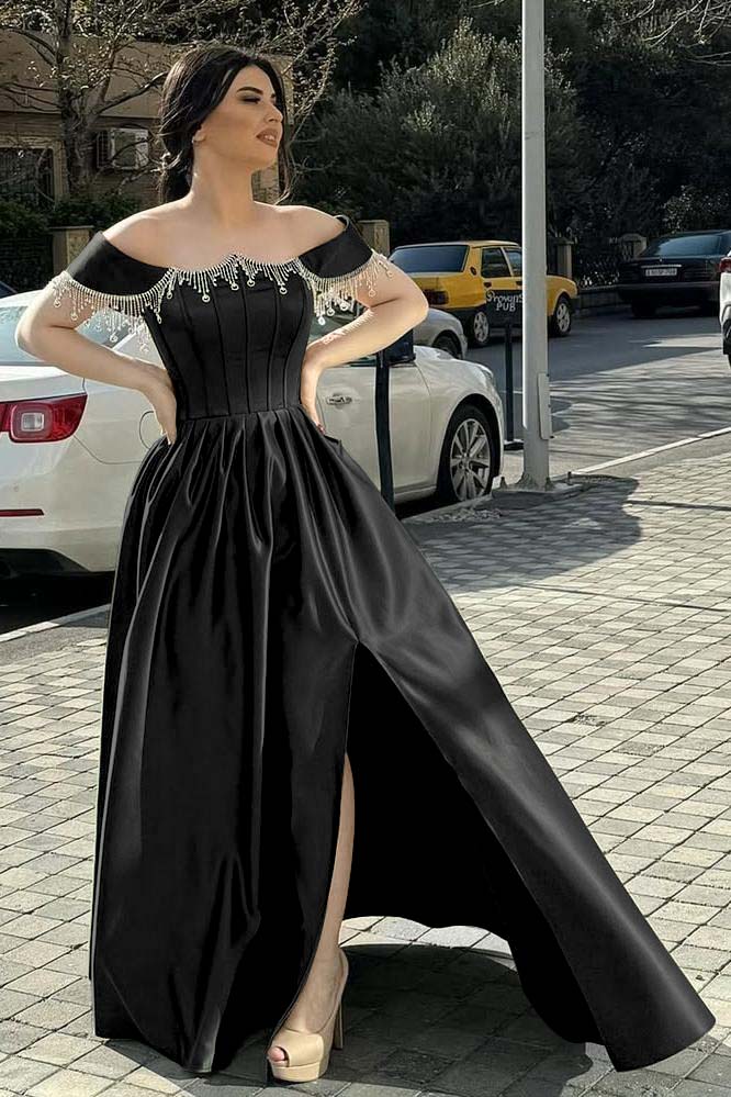 Off the Shoulder Sleeveless Long Split Evening Formal Dress With Pleated Beading