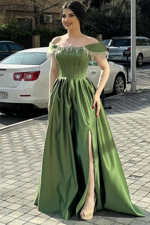 Off the Shoulder Sleeveless Long Split Evening Formal Dress With Pleated Beading