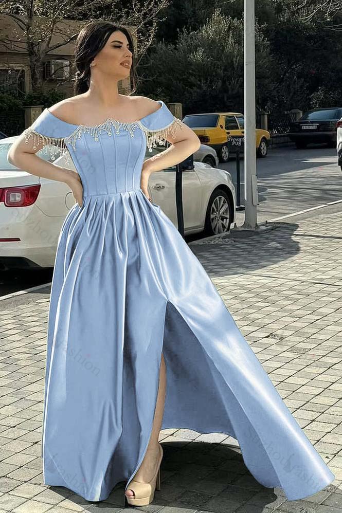Off the Shoulder Sleeveless Long Split Evening Formal Dress With Pleated Beading