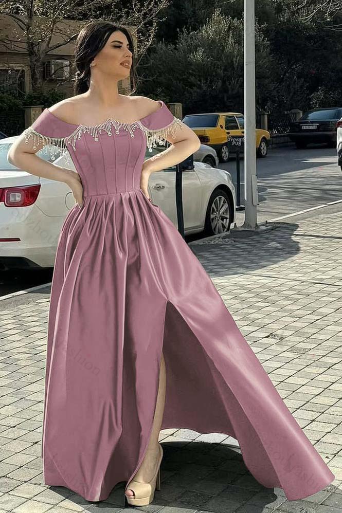 Off the Shoulder Sleeveless Long Split Evening Formal Dress With Pleated Beading