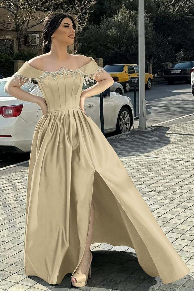 Off the Shoulder Sleeveless Long Split Evening Formal Dress With Pleated Beading