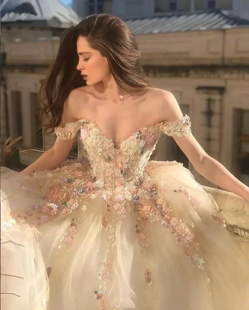 Off the Shoulder Sweetheart Tulle Long Evening Gowns 3D Flowers Appliques Formal Party Dresses Princess Ball Gown Prom Dresses by payinti