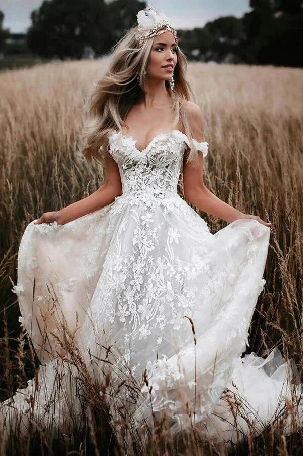 Off-the-Shoulder Tulle Lace Flowers Rustic Wedding Dresses Boho Wedding Gown (ZD16183)