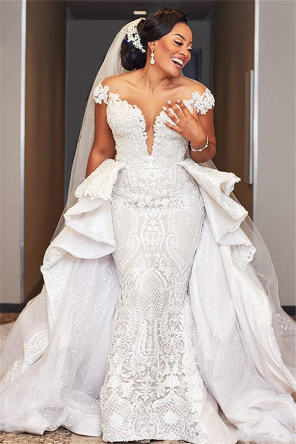 Off-the-shoulder Detachable Wedding Dresses | V-neck Lace Appliques Bridal Gowns