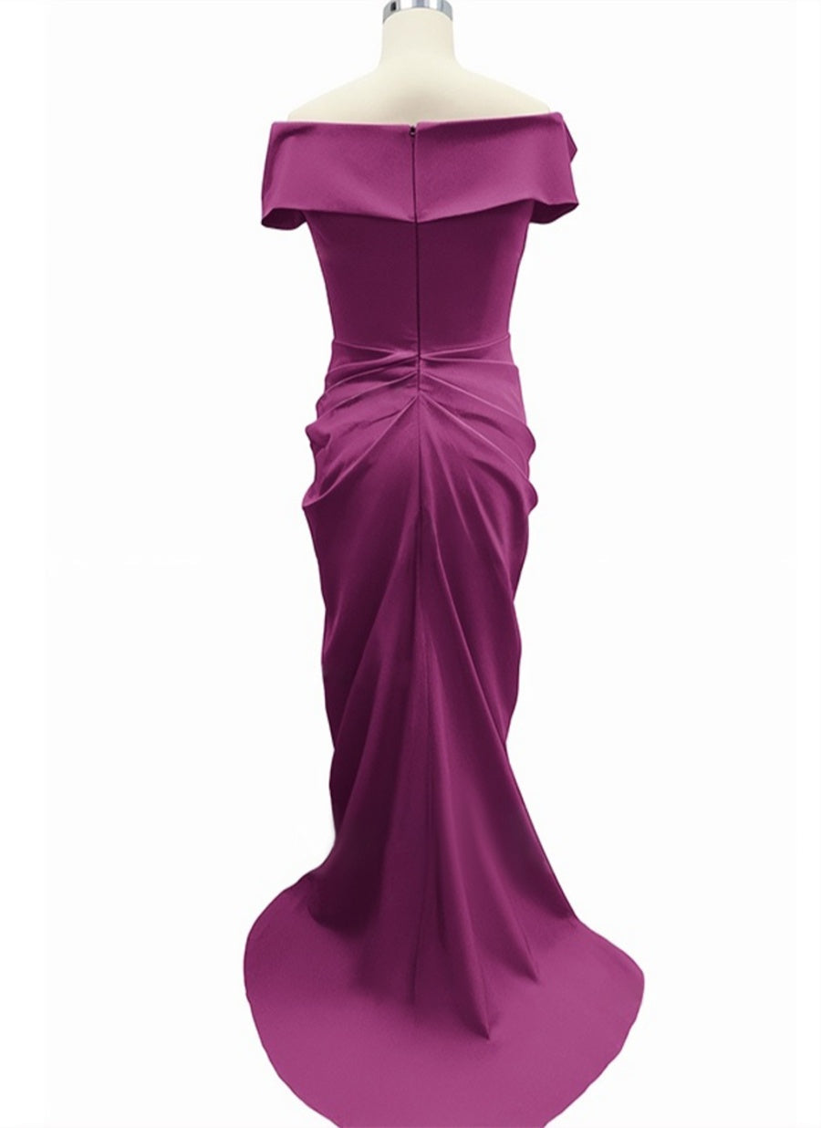 Off the shoulder Long Trumpet Mermaid Mother Of the Bride Dress Featuring Pleats Slit & Zipper
